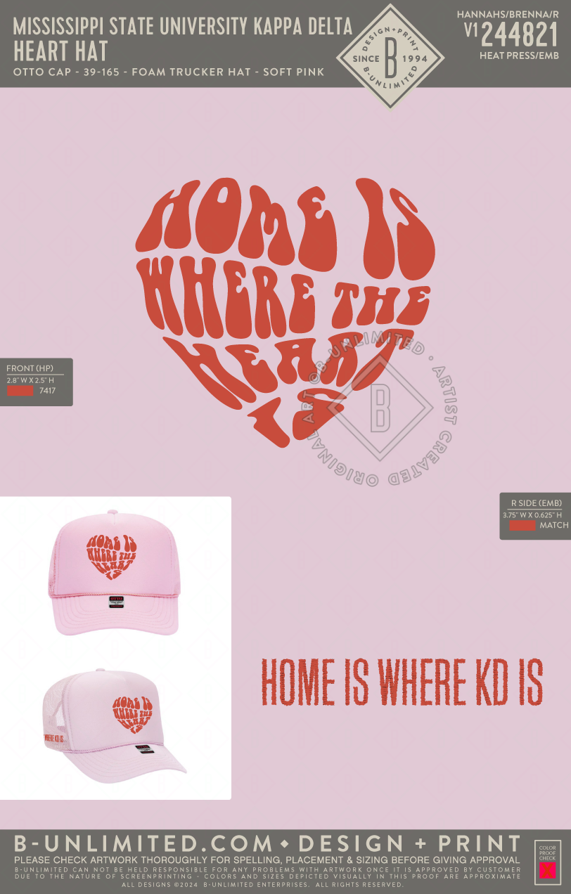 Mississippi State University Kappa Delta - Heart Hat - Otto Cap - 39-165 - Foam Trucker Hat - Soft Pink