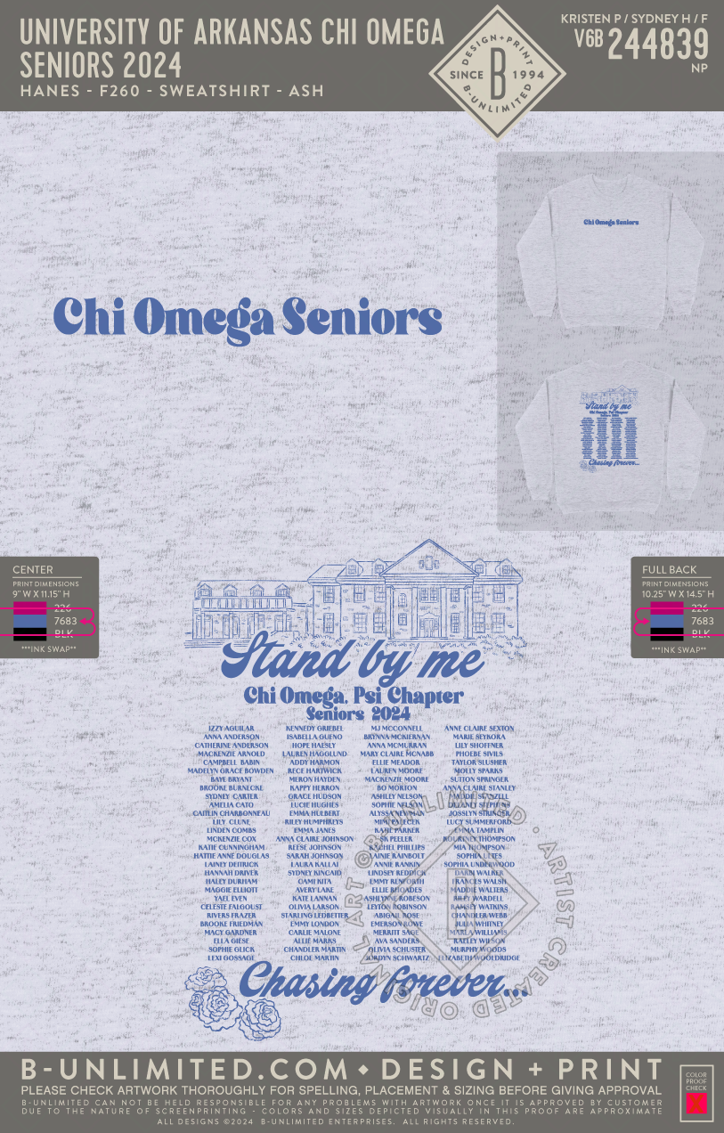 University of Arkansas Chi Omega - Seniors 2024 (Blue) - Hanes - F260 - Sweatshirt - Ash