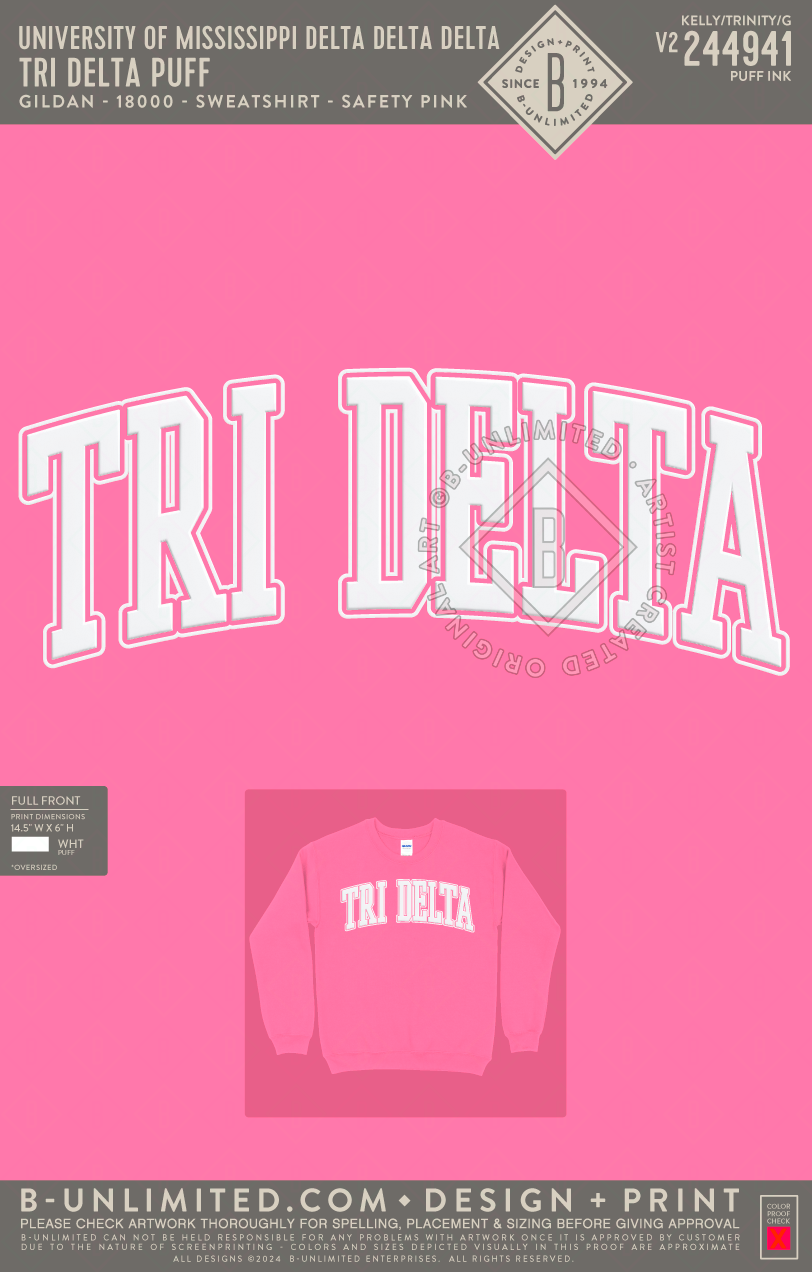 University of Mississippi Delta Delta Delta - Tri Delta Puff - Gildan - 18000 - Sweatshirt - Safety Pink
