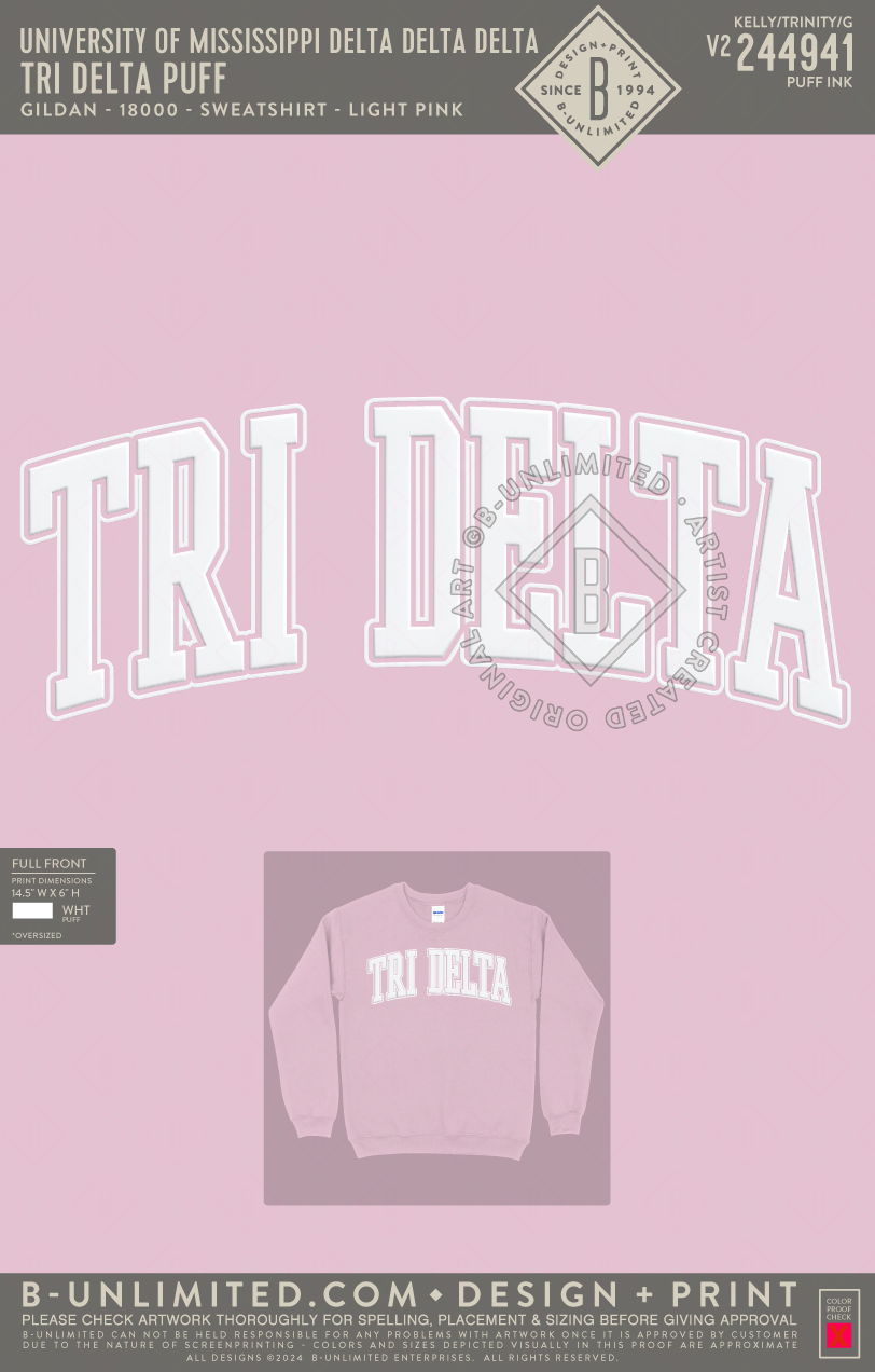 University of Mississippi Delta Delta Delta - Tri Delta Puff - Gildan - 18000 - Sweatshirt - Light Pink