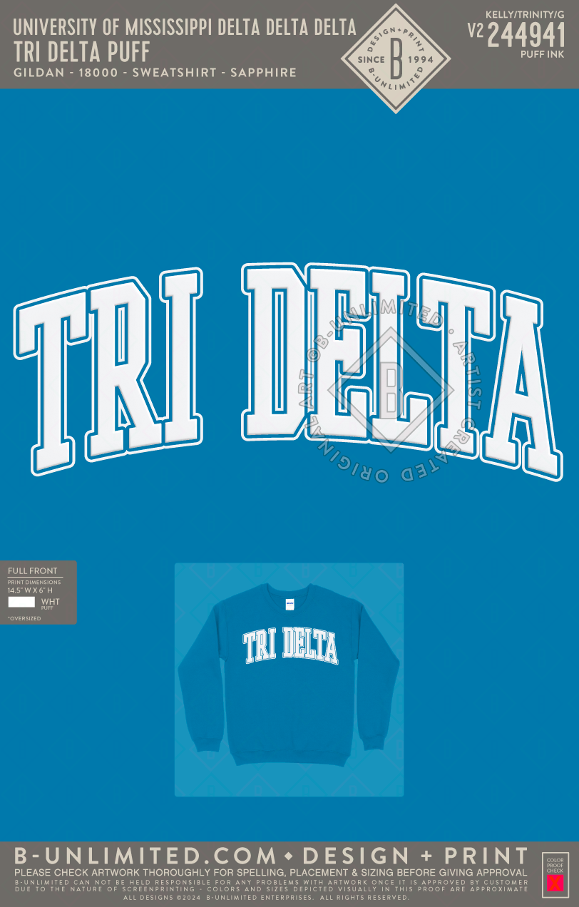 University of Mississippi Delta Delta Delta - Tri Delta Puff - Gildan - 18000 - Sweatshirt - Sapphire