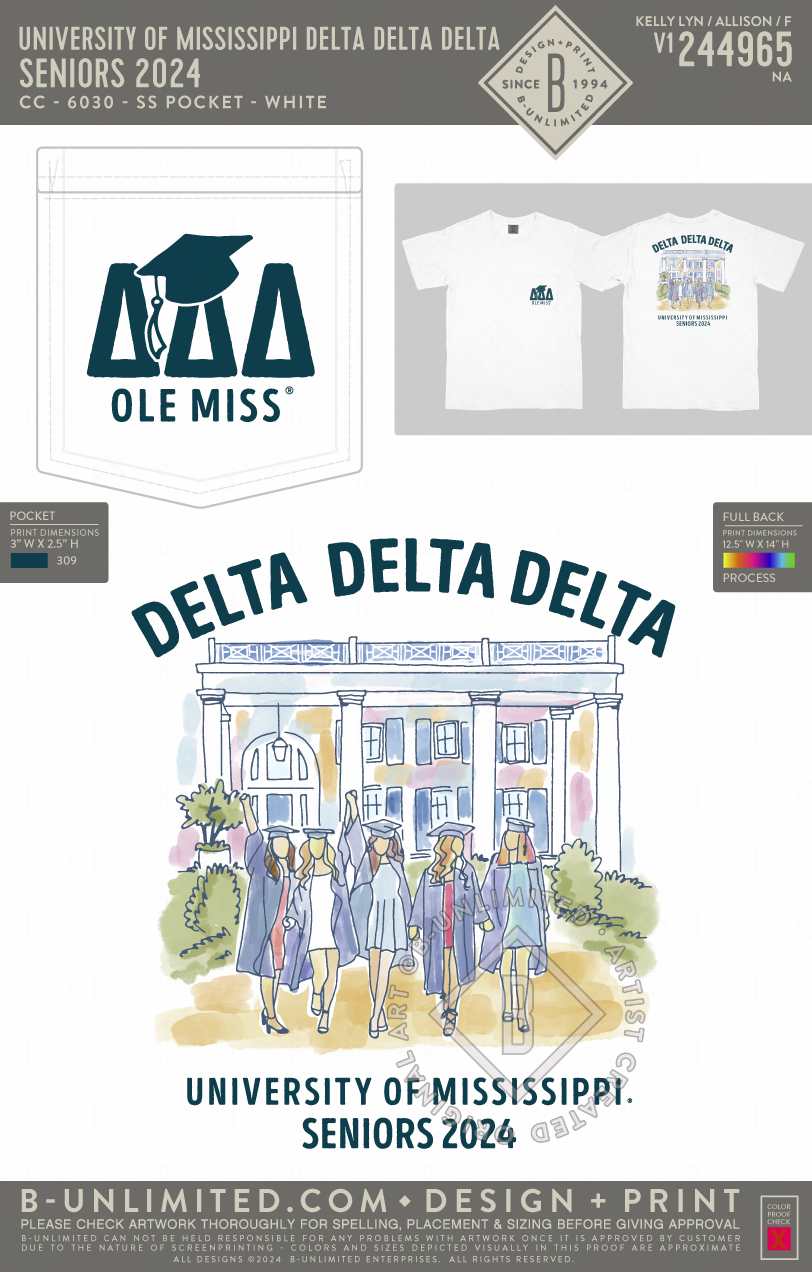 University of Mississippi Delta Delta Delta - Seniors 2024 - CC - 6030 - SS Pocket - White
