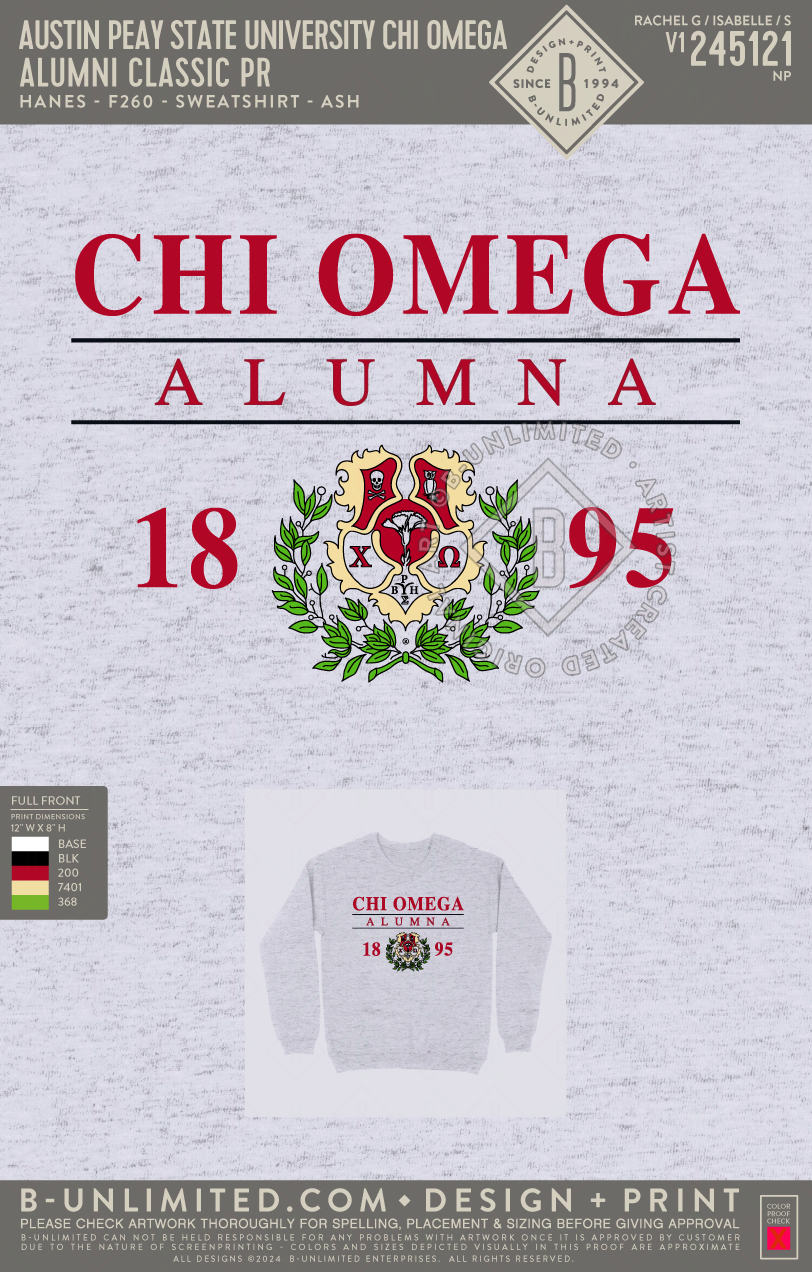 Austin Peay State University Chi Omega - Alumni Classic PR - Hanes - F260 - Sweatshirt - Ash