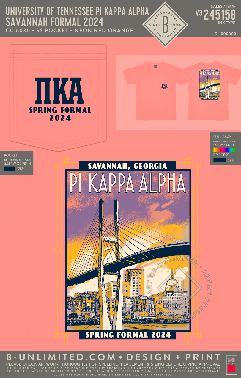 University of Tennessee Pi Kappa Alpha - Savannah Formal 2024 - CC - 6030 - SS Pocket - Neon Red Orange