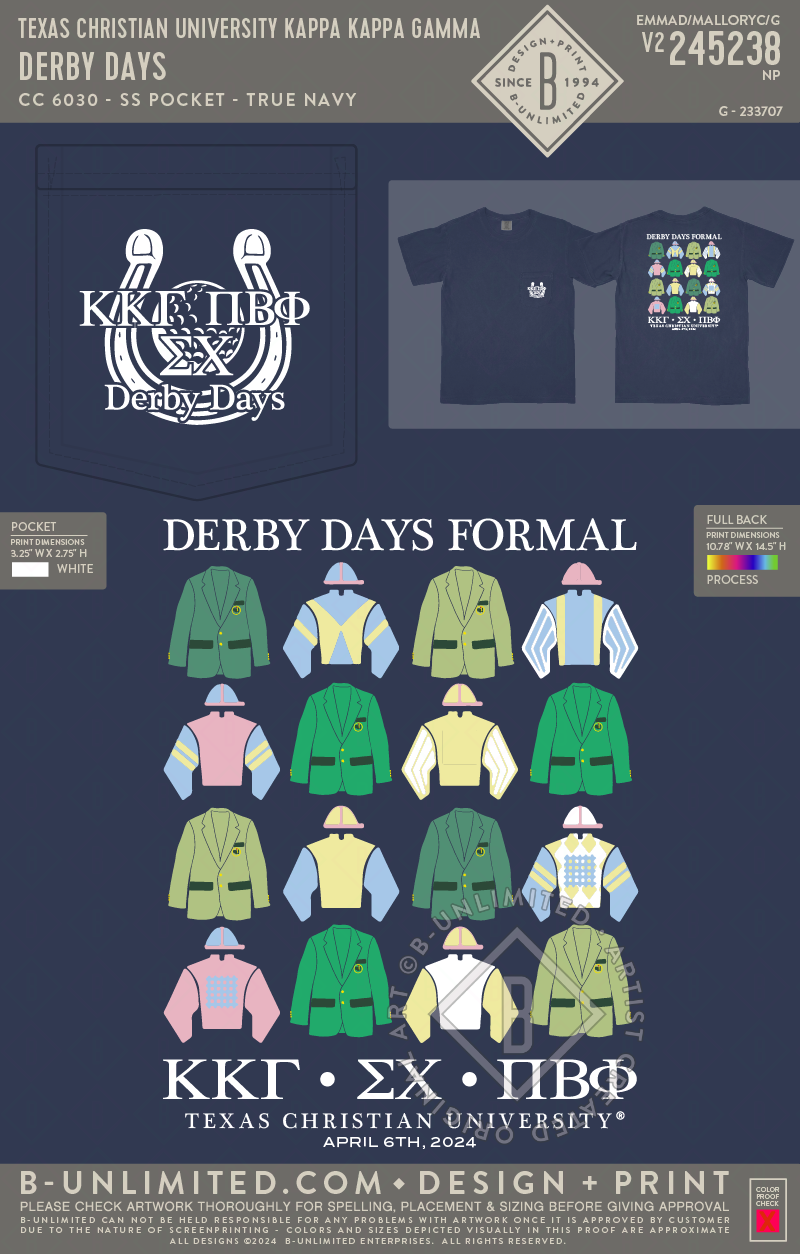 Texas Christian University Kappa Kappa Gamma - Derby Days - CC - 6030 - SS Pocket - True Navy