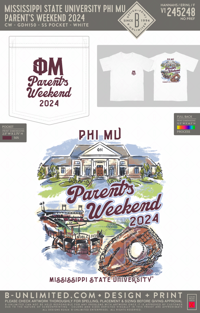Mississippi State University Phi Mu - Parent's Weekend 2024 - CC - 6030 - SS Pocket - White