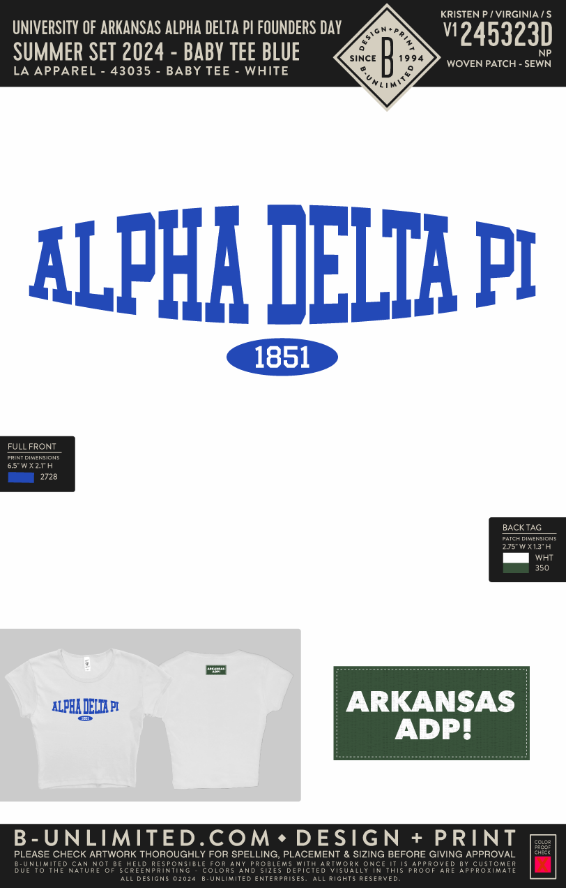 University of Arkansas Alpha Delta Pi - Summer Set 2024 (Baby Tee Blue) - LA Apparel - 43035 - Cap Sleeve Baby Rib Crop Top - White