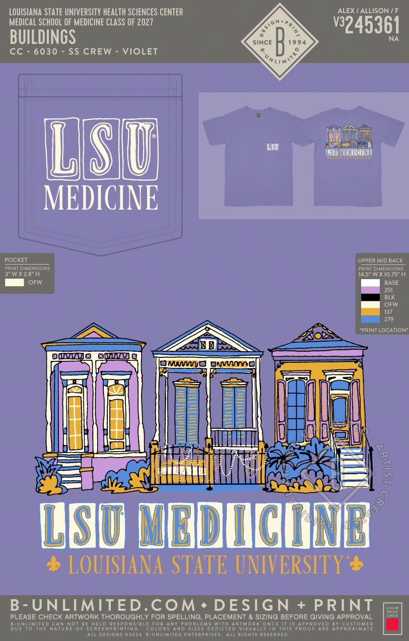 Louisiana State University Health Sciences Center Medical School of Medicine Class of 2027 - Buildings - CC - 6030 - SS Pocket - Violet