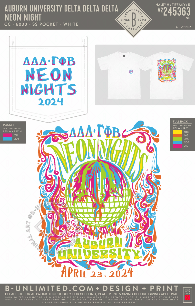 Auburn University Delta Delta Delta - Neon Night - CC - 6030 - SS Pocket - White