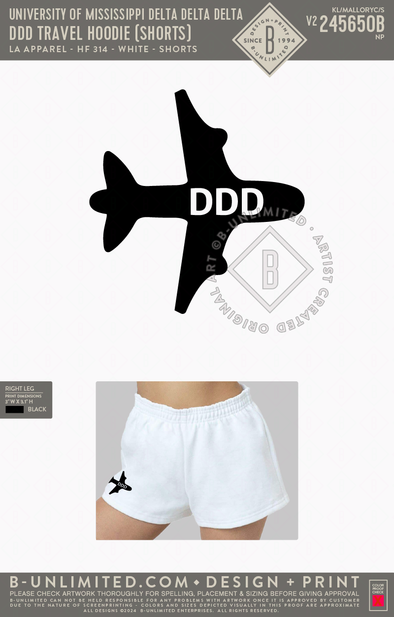 University of Mississippi Delta Delta Delta - DDD Travel Hoodie (shorts) - LA Apparel - HF-314 - White