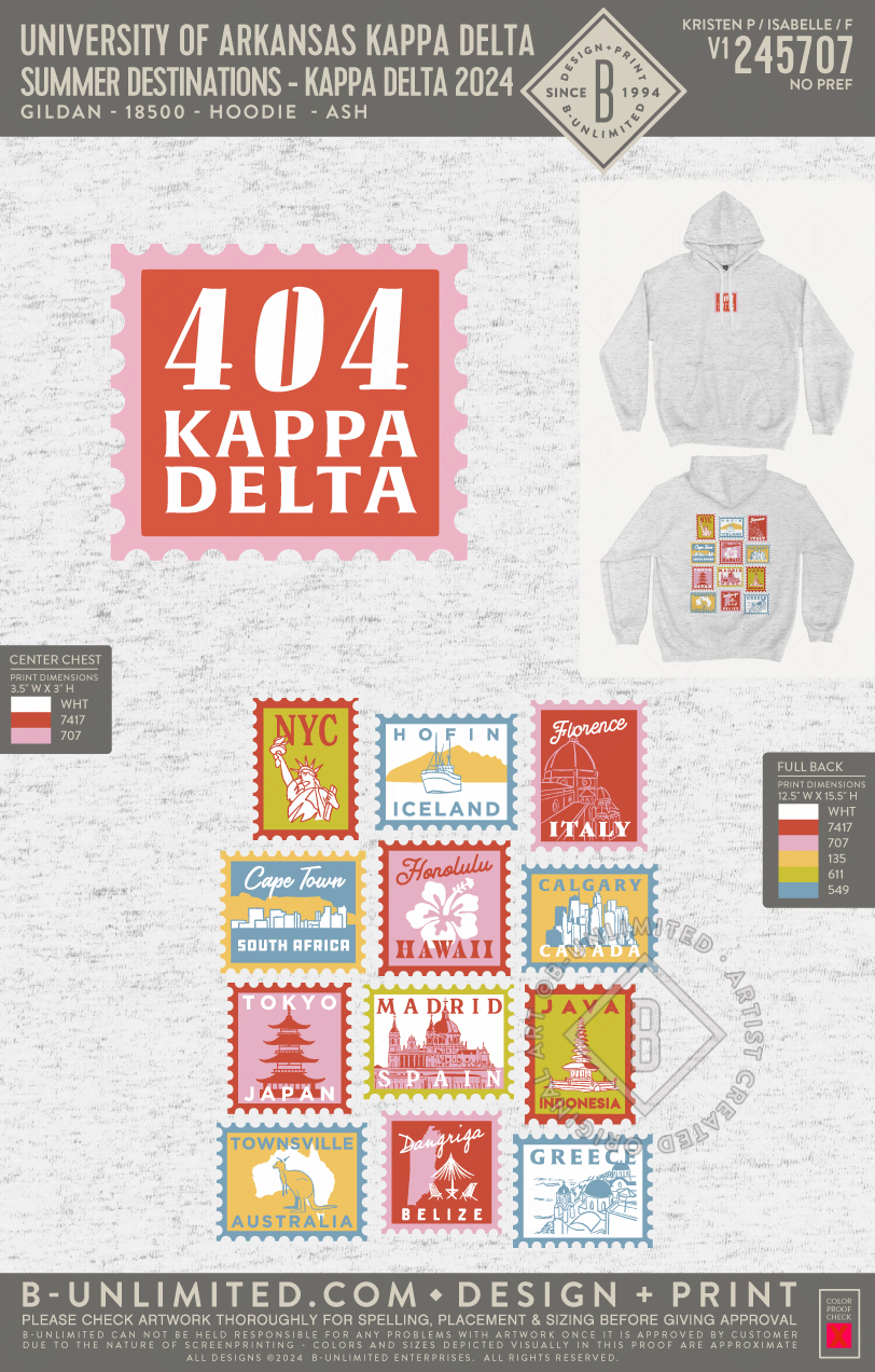 University of Arkansas Kappa Delta - Summer Destinations - Kappa Delta 2024 - Gildan - 18500 - Hoodie - Ash Grey