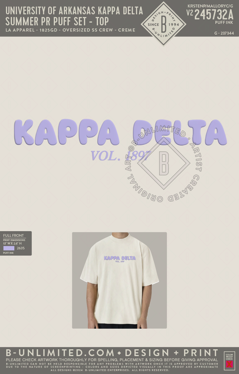 University of Arkansas Kappa Delta - Summer PR Puff Set - Top - Purple - LA Apparel - 1825GD - Oversized SS Crew - Creme