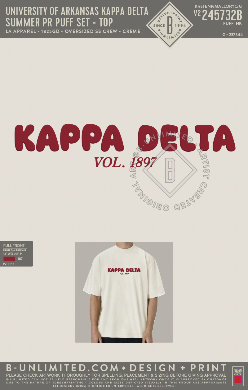 University of Arkansas Kappa Delta - Summer PR Puff Set - Top (Red) - LA Apparel - 1825GD - Oversized SS Crew - Creme