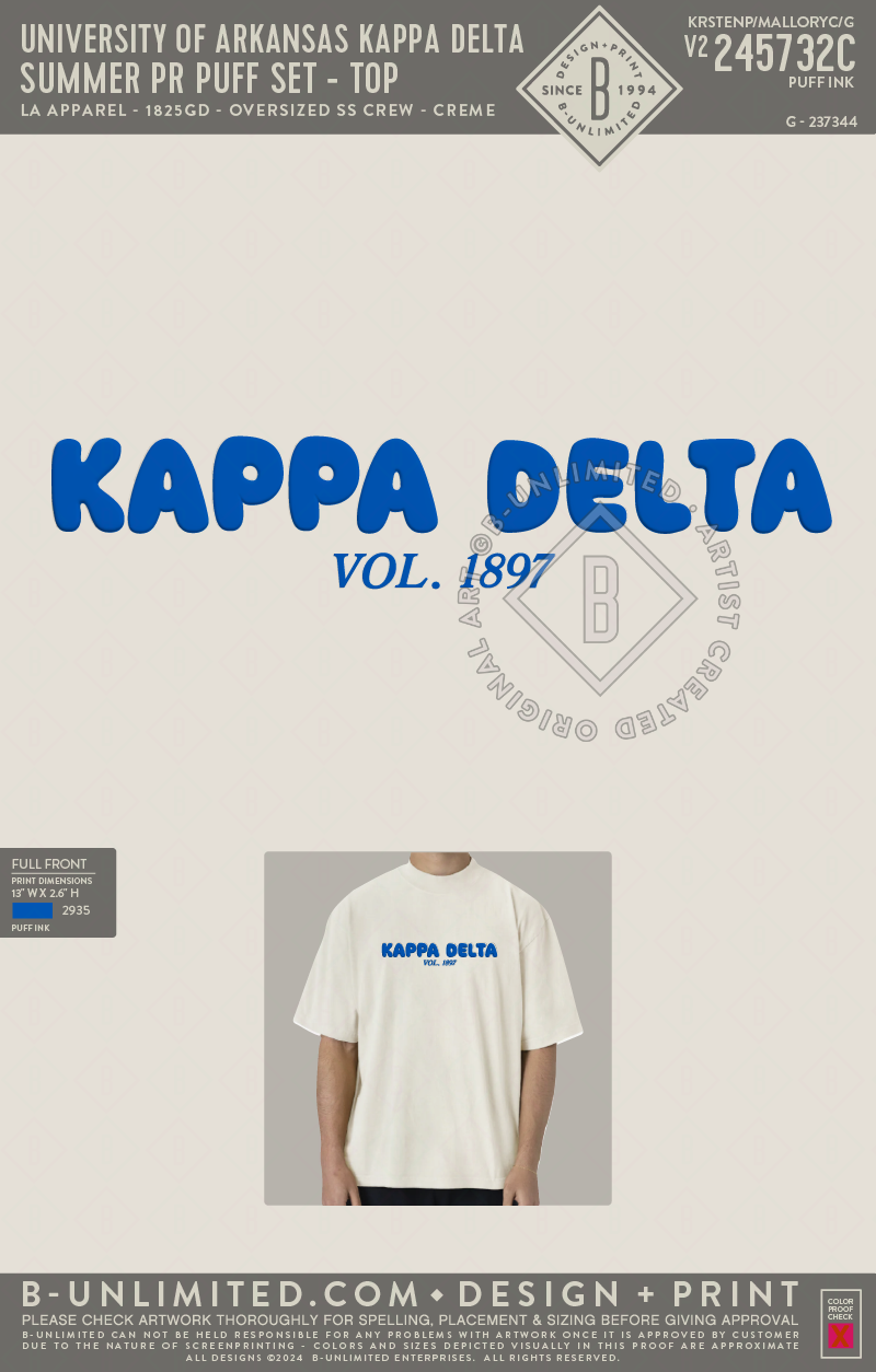 University of Arkansas Kappa Delta - Summer PR Puff Set - Top -  Blue - LA Apparel - 1825GD - Oversized SS Crew - Creme