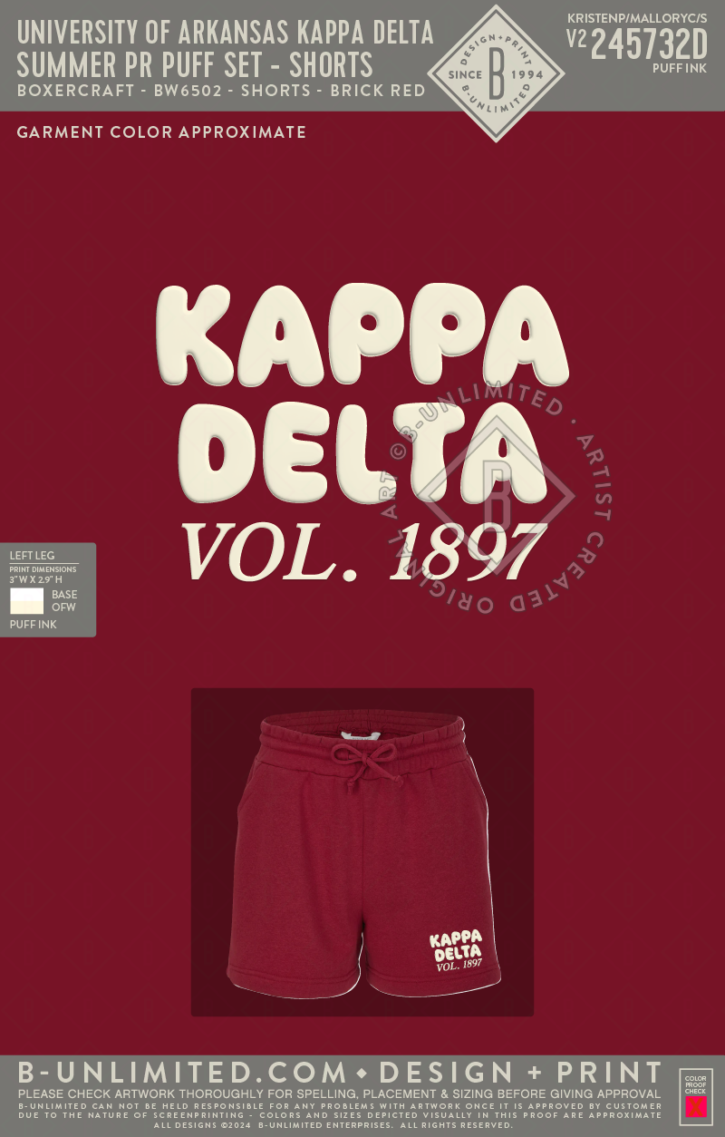 University of Arkansas Kappa Delta - Summer PR Puff Set - Shorts - Boxercraft - BW6502 - Women's Fleece Shorts - Brick Red