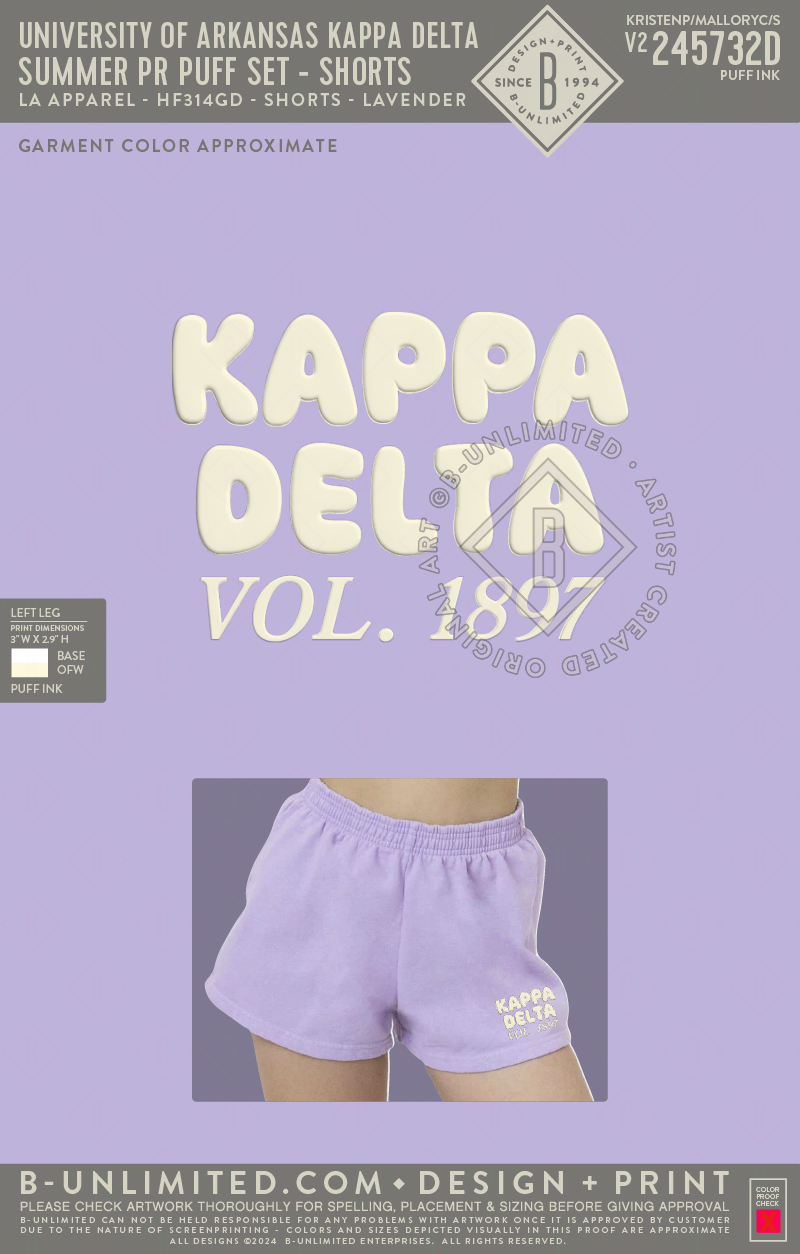 University of Arkansas Kappa Delta - Summer PR Puff Set - Shorts - LA Apparel - HF314GD - Womens Short - Lavender