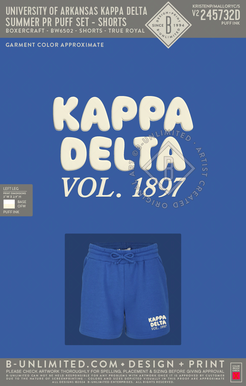 University of Arkansas Kappa Delta - Summer PR Puff Set - Shorts - Boxercraft - BW6502 - Women's Fleece Shorts - True Royal