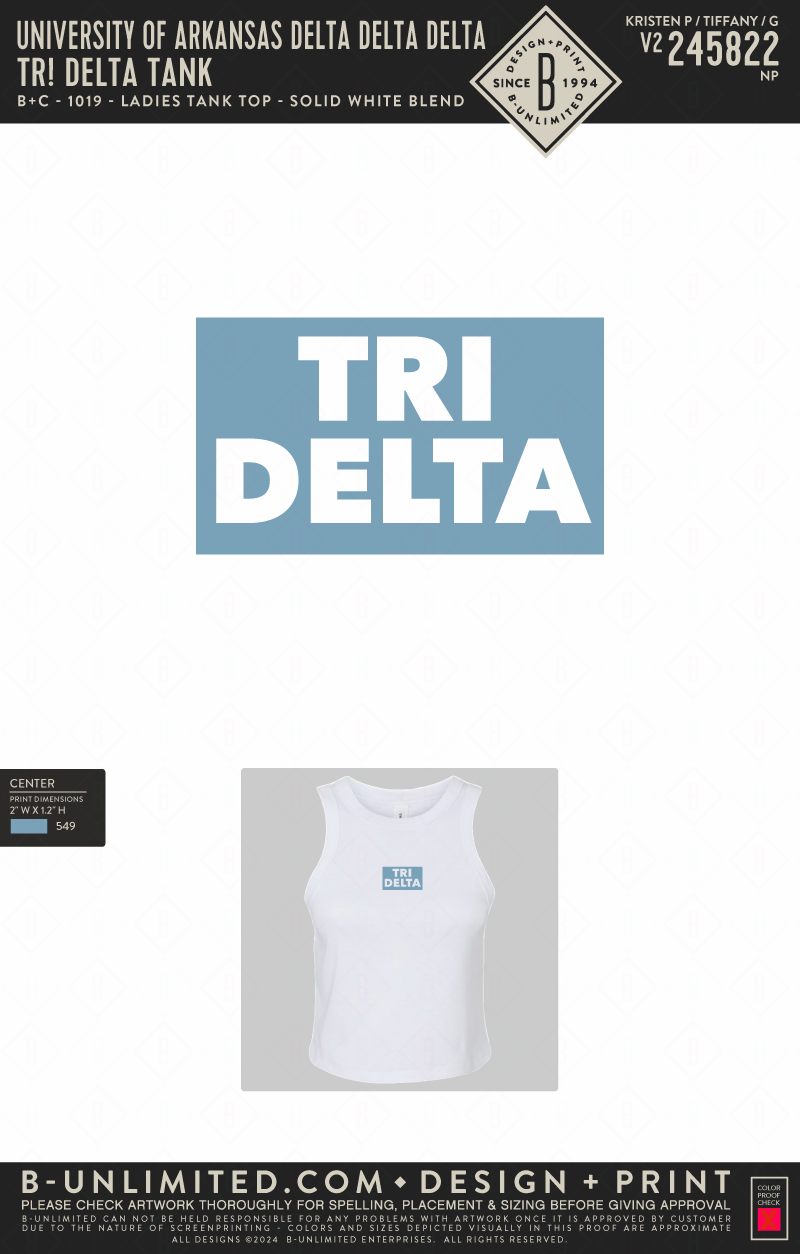 University of Arkansas Delta Delta Delta - TR! DELTA TANK - B+C - 1019 - Ladies Tank Top - Solid White Blend