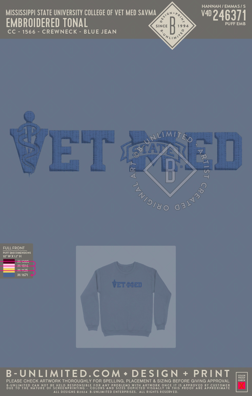 Mississippi State University College of Veterinary Medicine Class of 2029 - Embroidered Tonal - CC - 1566 - Sweatshirt - Blue Jean