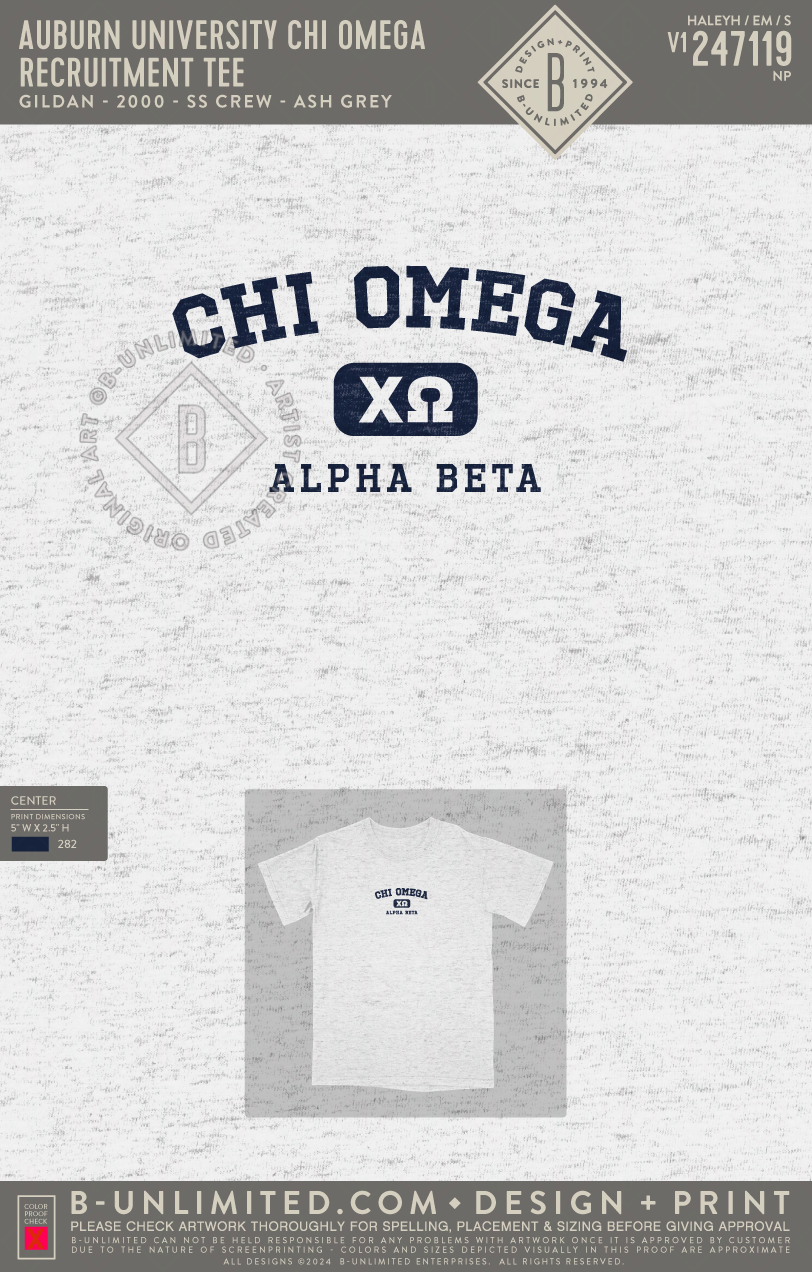 Auburn University Chi Omega - Recruitment tee - Gildan - 2000 - SS Crew - Ash Grey