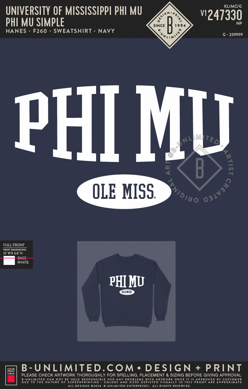 University of Mississippi Phi Mu - Phi Mu Simple - Hanes - F260 - Sweatshirt - Navy