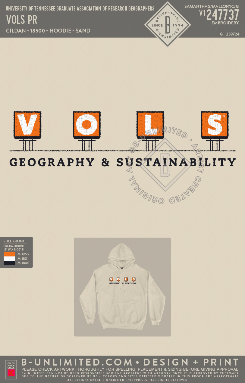 University of Tennessee Graduate Association of Research Geographers - VOLS PR - Gildan - 18500 - Hoodie - Sand