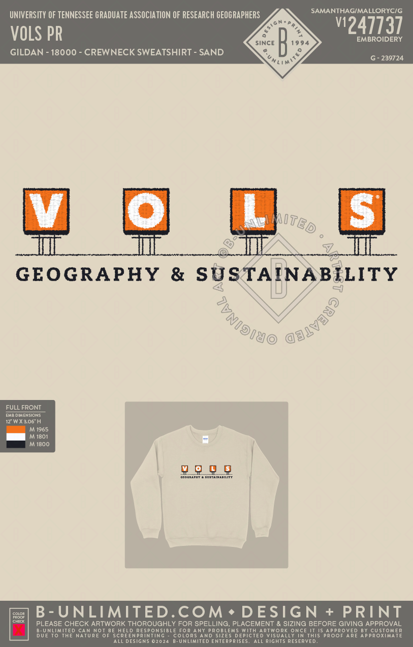 University of Tennessee Graduate Association of Research Geographers - VOLS PR - Gildan - 18000 - Crewneck Sweatshirt - Sand