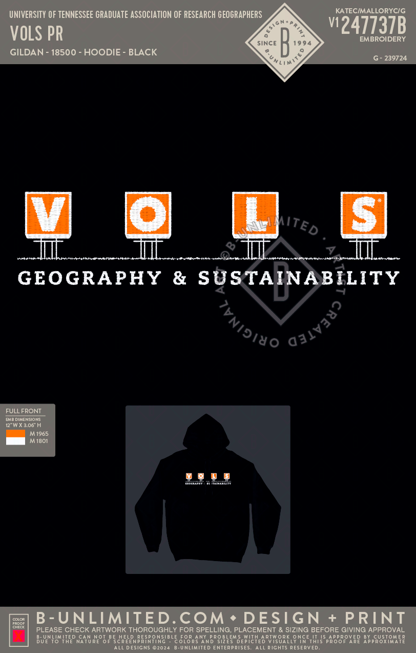 University of Tennessee Graduate Association of Research Geographers - VOLS PR - Gildan - 18500 - Hoodie - Black