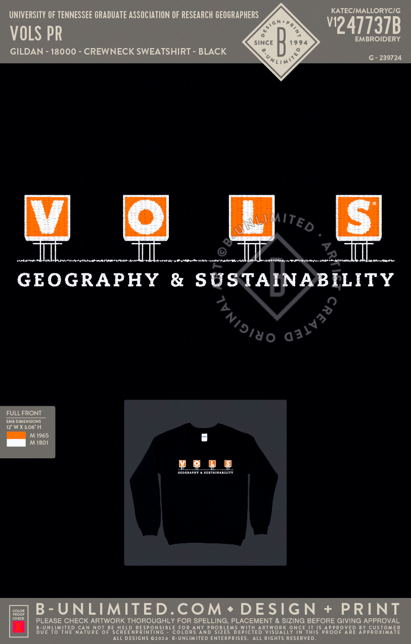 University of Tennessee Graduate Association of Research Geographers - VOLS PR - Gildan - 18000 - Crewneck Sweatshirt - Black