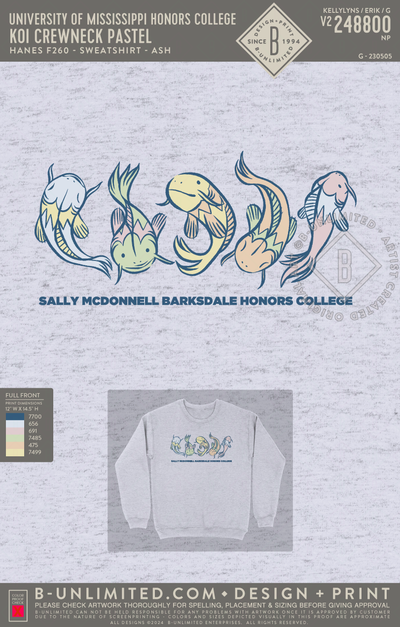 University of Mississippi Honors College - Koi Crewneck Pastel - Hanes - F260 - Sweatshirt - Ash