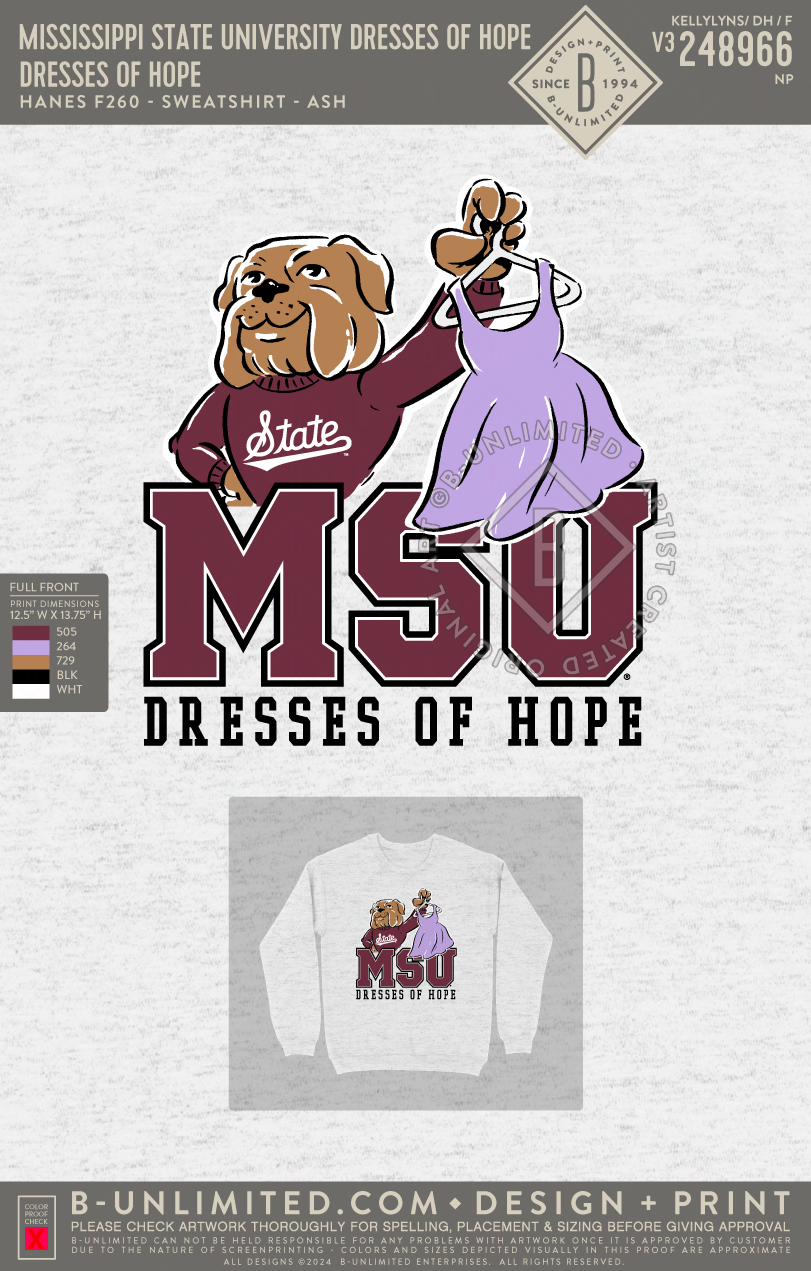 Mississippi State University Dresses of Hope - Dresses of Hope - Hanes - F260 - Sweatshirt - Ash