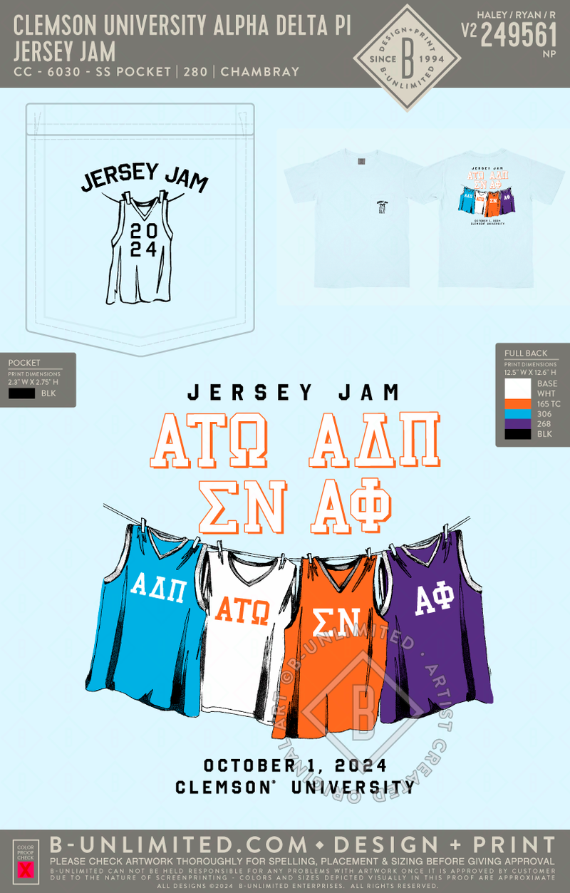Clemson University Alpha Delta Pi Jersey Jam CC 6030 SS Pocket