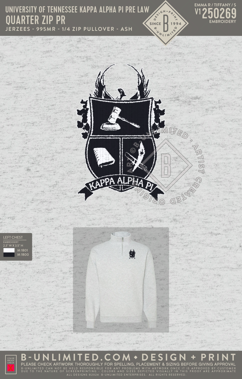 University of Tennessee Kappa Alpha Pi Pre Law - Quarter Zip PR - Jerzees - 995MR - 1/4 Zip Pullover - Ash