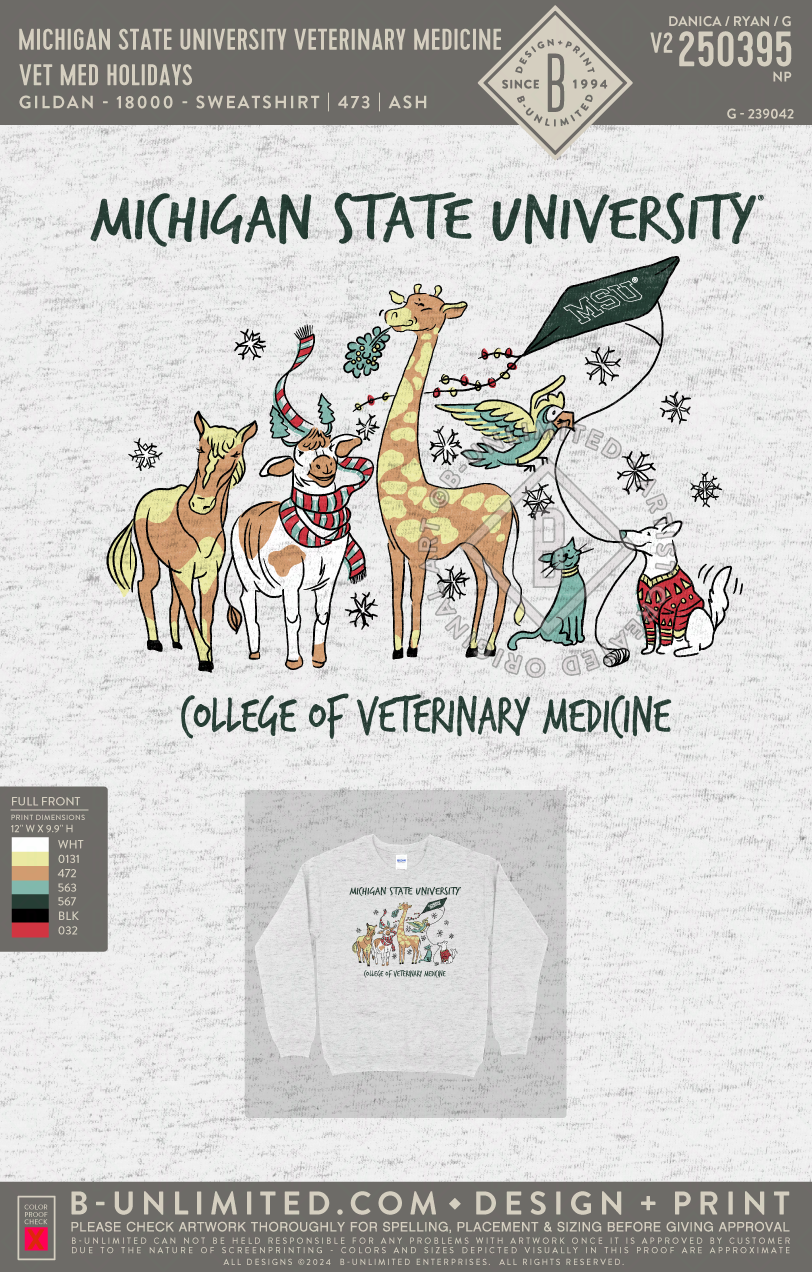 Michigan State University Veterinary Medicine - Vet Med Holidays - Gildan - 18000 - Crewneck Sweatshirt - Ash Grey