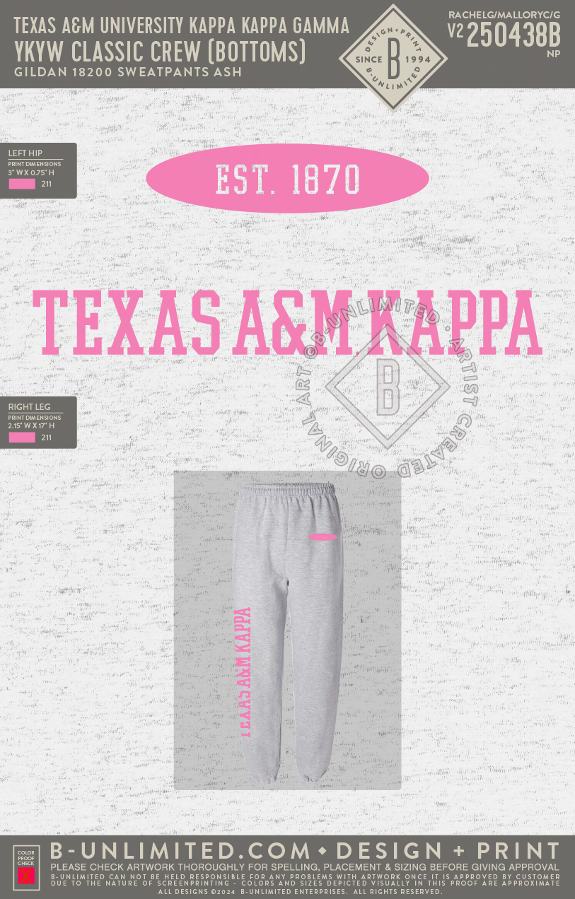 Texas A M University Kappa Kappa Gamma YKYW Classic Crew Hot Pink I B Unlimited Custom Apparel Shop