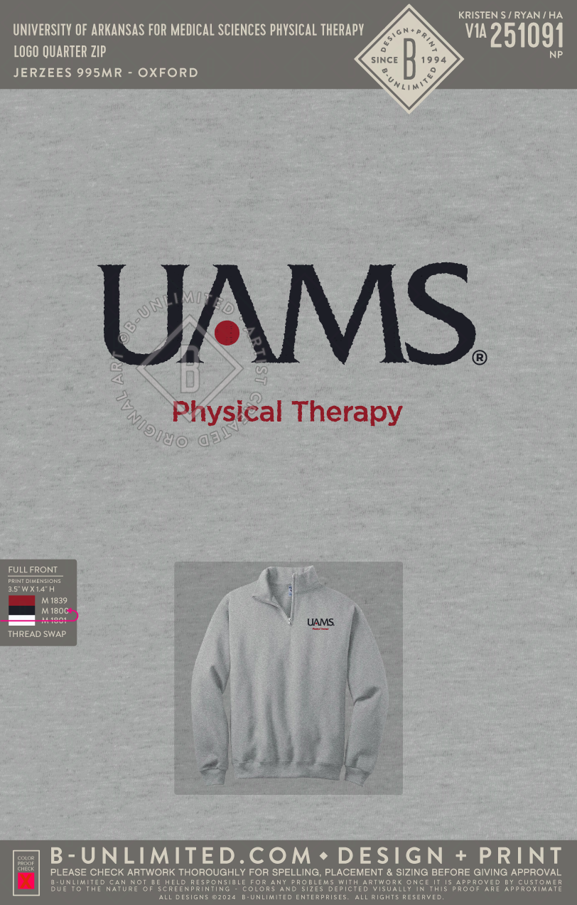 University of Arkansas for Medical Sciences Physical Therapy - Logo Quarter Zip - Jerzees - 995MR - 1/4 Zip Pullover - Oxford
