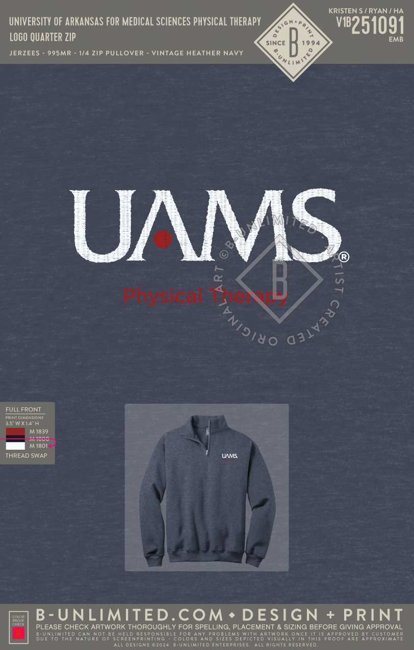 University of Arkansas for Medical Sciences Physical Therapy - Logo Quarter Zip - Jerzees - 995MR - 1/4 Zip Pullover - Vint Heather Navy