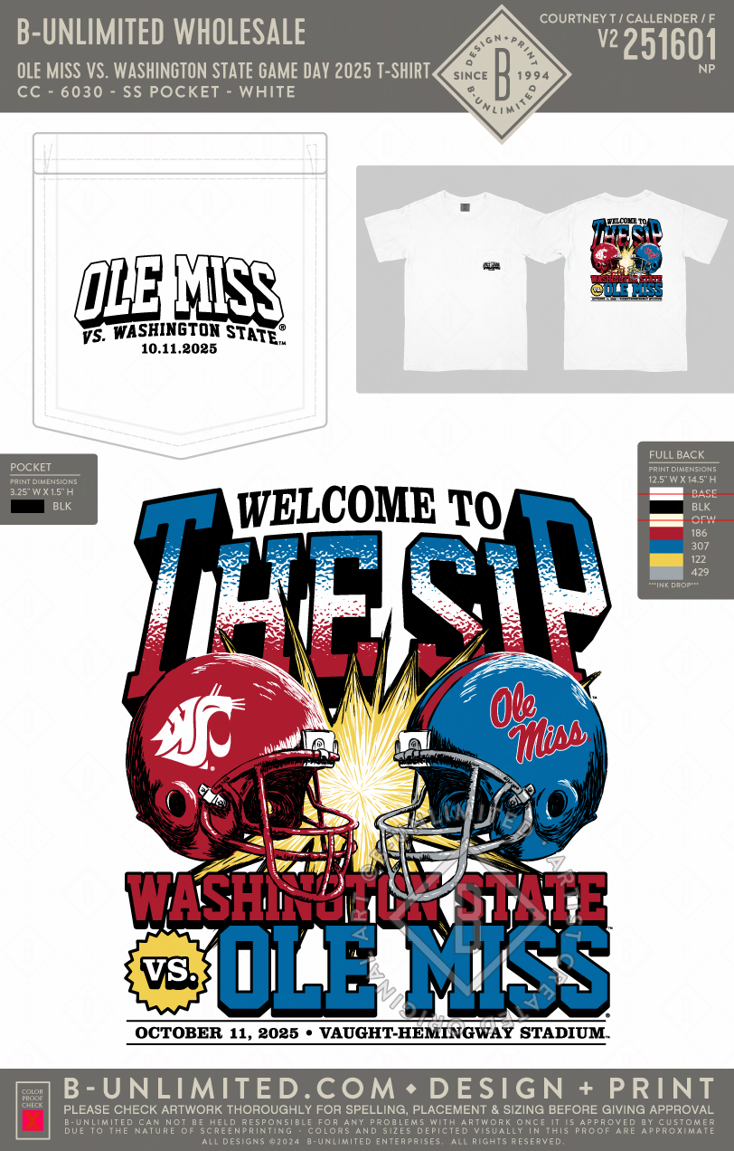B-Unlimited Wholesale - Ole Miss vs. Washington State Game Day 2025 T-shirt - CC - 6030 - SS Pocket - White