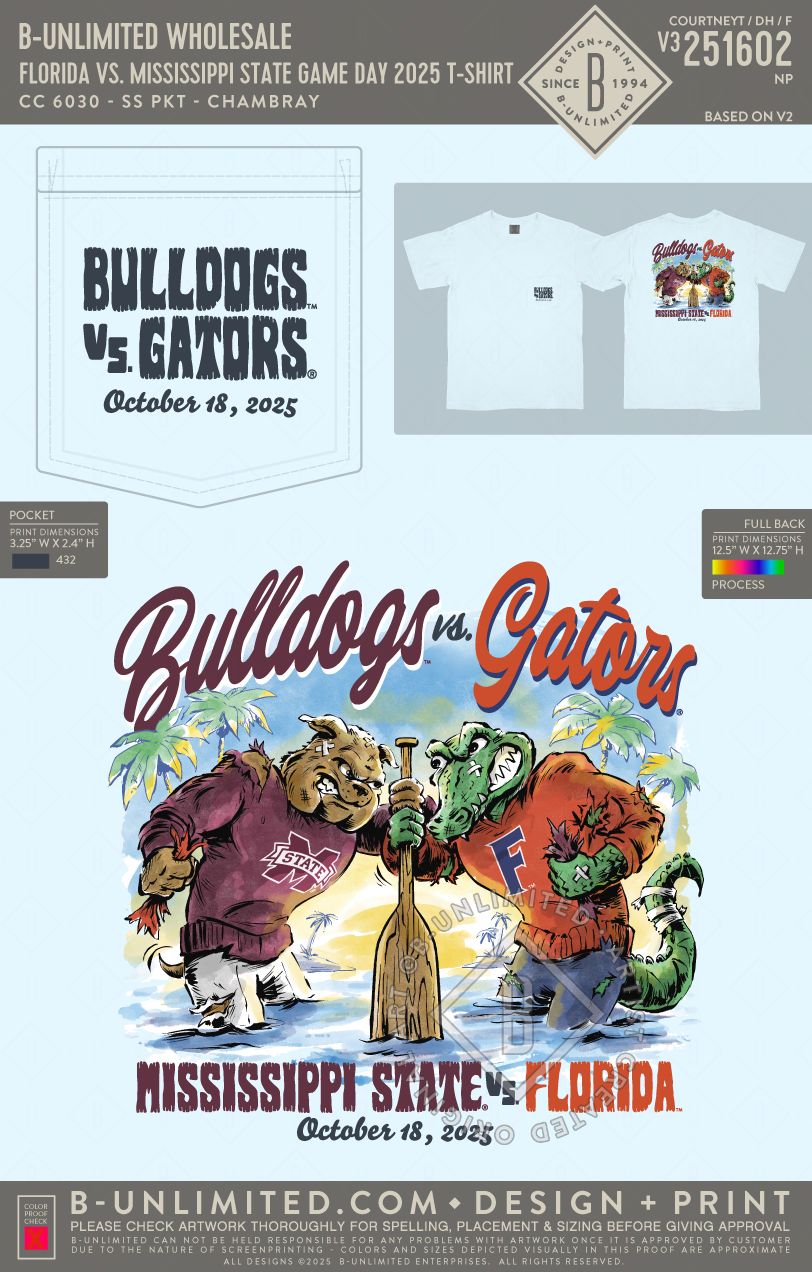 B-Unlimited Wholesale - Florida vs. Mississippi State Game Day 2025 T-shirt - CC - 6030 - SS Pocket - Chambray