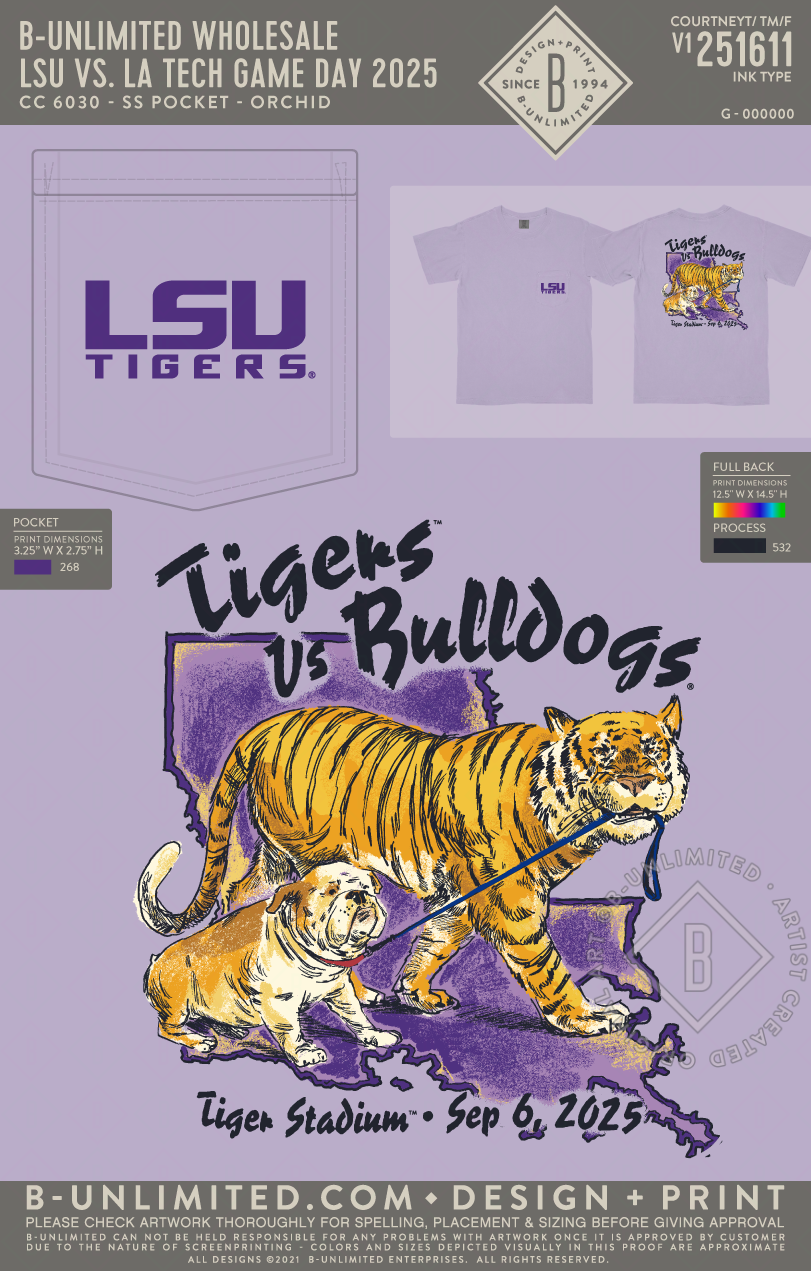 B-Unlimited Wholesale - LSU vs. LA Tech Game Day 2025 T-shirt - CC - 6030 - SS Pocket - Orchid