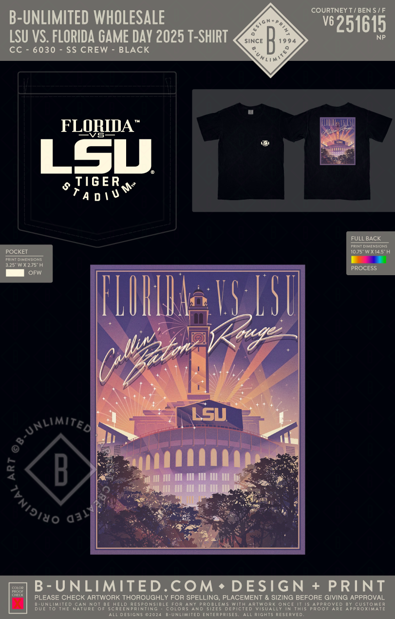 B-Unlimited Wholesale - LSU vs. Florida Game Day 2025 T-shirt - CC - 6030 - SS Pocket - Black