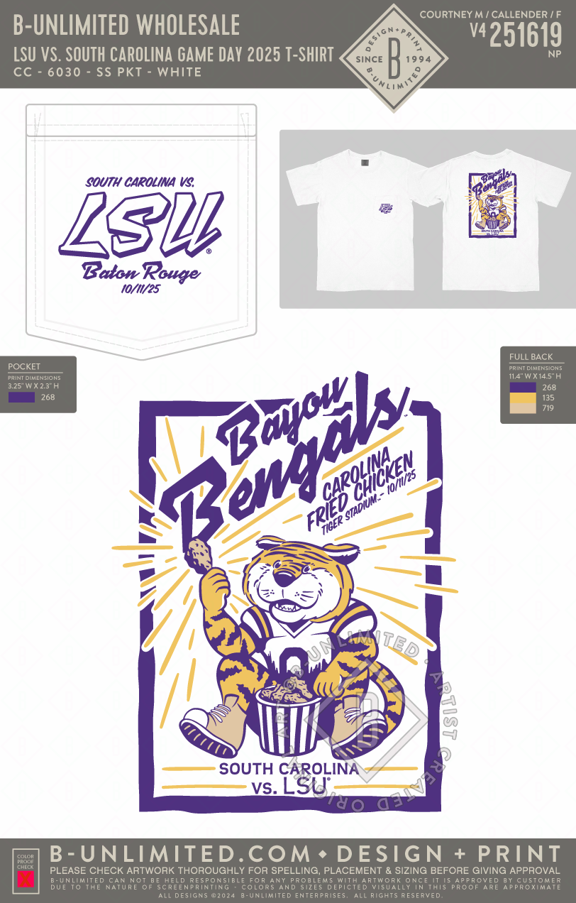 B-Unlimited Wholesale - LSU vs. South Carolina Game Day 2025 T-shirt - CC - 6030 - SS Pocket - White