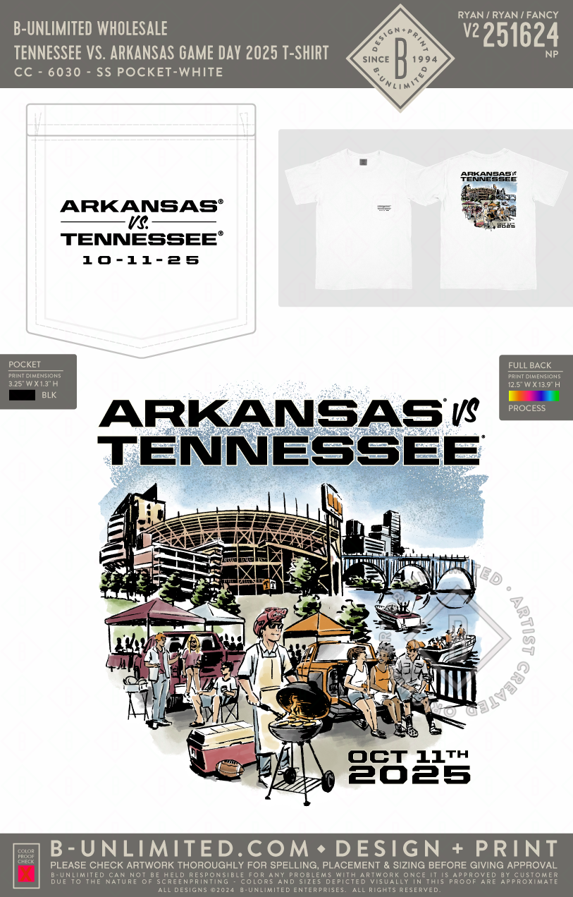 B-Unlimited Wholesale - Tennessee vs. Arkansas Game Day 2025 T-shirt - CC - 6030 - SS Pocket - White