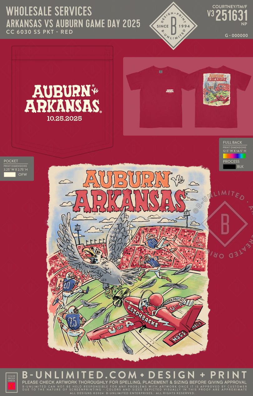 B-Unlimited Wholesale - Arkansas vs. Auburn Game Day 2025 T-shirt - CC - 6030 - SS Pocket - Red