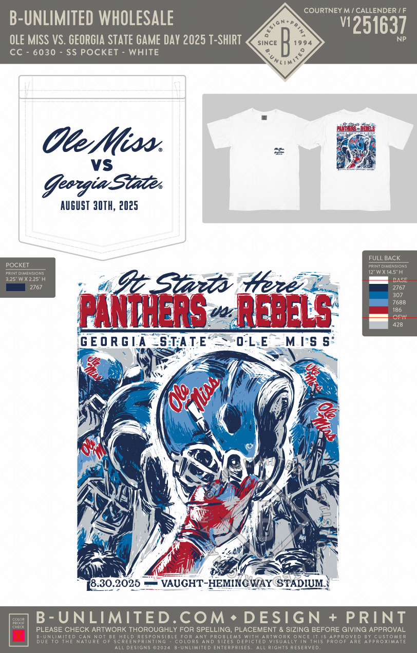 B-Unlimited Game Day - Ole Miss vs. Georgia State Game Day 2025 T-Shirt (WS) - CC - 6030 - SS Pocket - White