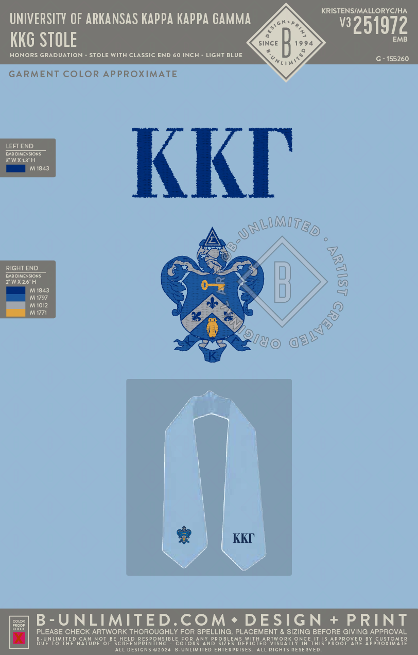 University of Arkansas Kappa Kappa Gamma - KKG Stole - Honors Graduation - Stole with Classic End 60 inch - Light Blue