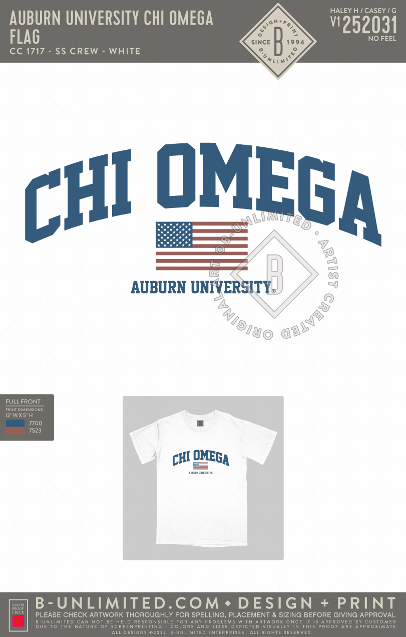 Auburn University Chi Omega - Flag - CC - 1717 - SS Crew - White