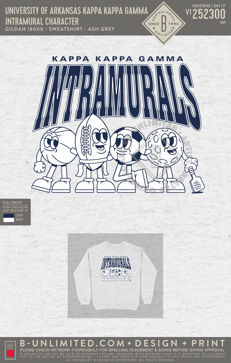 University of Arkansas Kappa Kappa Gamma - Intramural Character - Gildan - 18000 - Crewneck Sweatshirt - Ash Grey