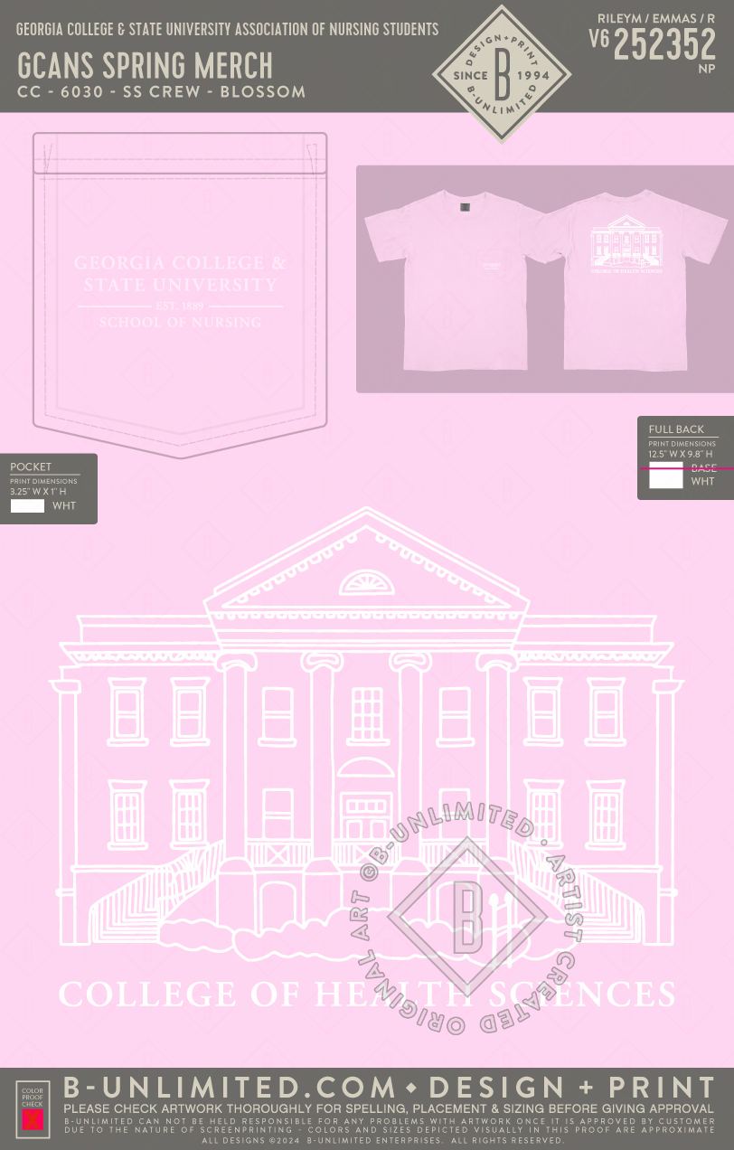 Georgia College & State University Association of Nursing Students - GCANS Spring Merch - CC - 6030 - SS Pocket - Blossom