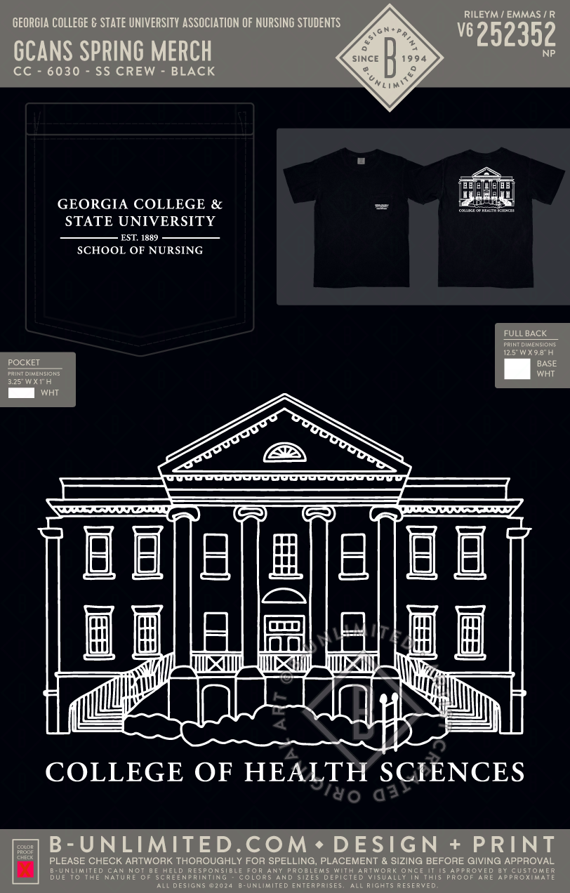 Georgia College & State University Association of Nursing Students - GCANS Spring Merch - CC - 6030 - SS Pocket - Black